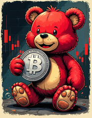  A red bear figurine holding a Bitcoin coin, with a colorful financial chart in the background