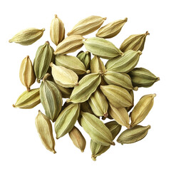 Wall Mural - Top view of a group of cardamom pods arranged on a transparent background, showcasing their unique shapes and colors, Top view of group of cardamom isolate on transparent background