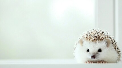 Poster -   A hedgehog perched on a table, adjoining a door with a window in the distance