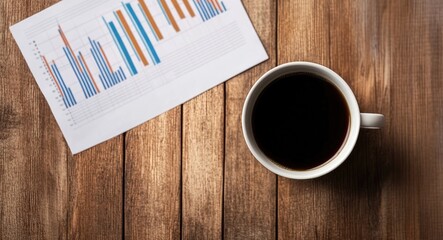 Poster - coffee cup beside a report on a wooden table, symbolizing productivity and analysis.