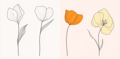 Wall Mural - A set of modern illustrations featuring flowers in line art, designed for Prins and social media icons. These trendy, minimalist floral templates are hand-drawn doodles