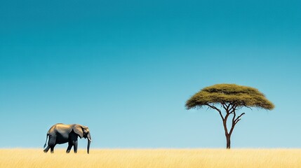 Sticker -   An elephant stands beside a tree in a parched grass field, with a vibrant blue sky above and a lone tree in the foreground