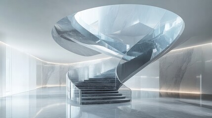 Poster - A modern architectural masterpiece featuring a striking spiral staircase and reflective surfaces