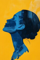 a creative side profile a feminine figure with abstract blue shapes, placed on a vibrant yellow back
