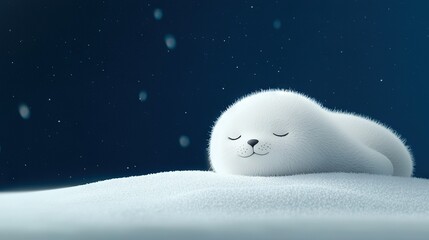 Wall Mural -   Small white animal rests atop snowy ground amidst snowfall