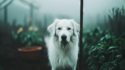 Wall Mural -   A white dog stands beside a pole amidst a lush garden brimming with potted plants on a foggy day