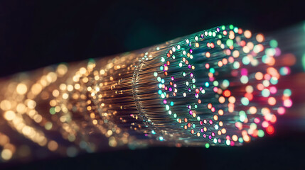 Poster - abstract closeup of vibrant, colorful fiber optic strands glowing brightly against a dark background