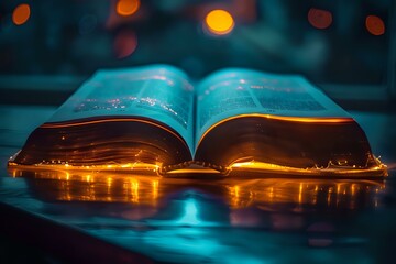 Poster - Open book illuminated by warm fairy lights against dark background with bokeh effect, creating magical atmosphere perfect for education, wisdom and literary concepts.