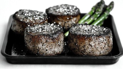   A focused photo of a platter containing meat and asparagus on a pristine white table against an immaculate white backdrop