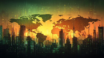 Poster - Stunning futuristic cityscape with an overlay of a glowing world map.  Ideal for illustrating global connectivity, technology, networking, or international business concepts.