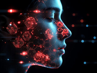 Poster - stunning profile of a futuristic face, overlaid with vibrant red and blue digital hexagons and glowi