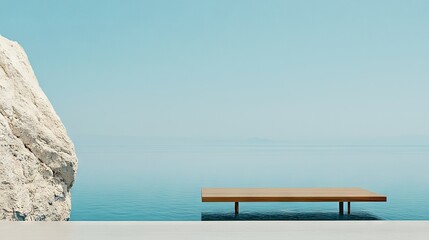 Wall Mural -   A wooden table sits atop a white floor beside a massive boulder and a vast expanse of water