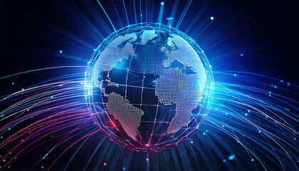 Poster - Stunning abstract globe with vibrant, glowing lines radiating outwards.  Perfect for illustrating global connectivity, technology, networking, data flow, or futuristic concepts.