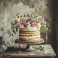 Canvas Print - Delicious birthday cake with a delicate floral arrangement, placed on a vintage table 