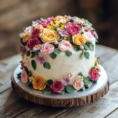 Wall Mural - Elegant fondant birthday cake decorated with vibrant flowers, placed on a smooth wooden table