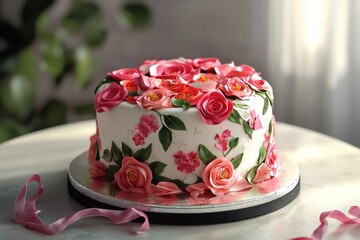 Wall Mural - Floral-themed cake on a round table with vibrant roses and decorative ribbons