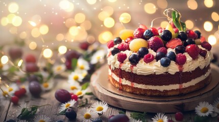 Canvas Print - Fresh fruit cake on a wooden table surrounded by daisies and twinkling lights