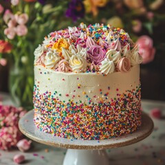 Wall Mural - Fun birthday cake with multicolored sprinkles, surrounded by flowers on a table