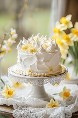 Wall Mural - Lemon meringue cake on a vintage table with yellow daffodils and delicate lace accents