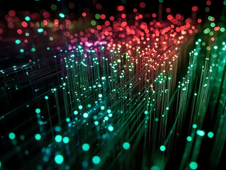 Poster - Mesmerizing abstract image of glowing fiber optic strands in vibrant red, green, and teal.  Perfect for technology, connectivity, or network concepts.