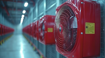 Poster - Red industrial cooling fans in a server room row