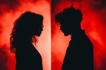 Poster - A couple standing on opposite sides of a room, facing away from each other, with soft light dividing the space between them