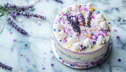 Wall Mural - Pastel-colored cake on a marble table with lavender flowers and sparkling confetti