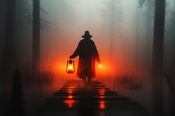 Poster - A detailed 3D depiction of a person holding a lantern as they walk across a bridge, their path illuminated by warm, soft light in a misty setting