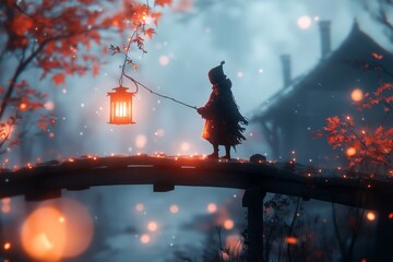 Poster - A detailed 3D depiction of a person holding a lantern as they walk across a bridge, their path illuminated by warm, soft light in a misty setting