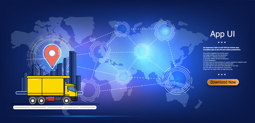 Poster - Delivery truck navigating a global map with app user interface elements displayed prominently.