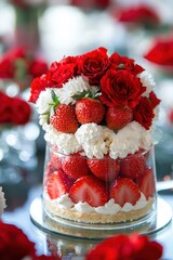 Wall Mural - Strawberry shortcake on a glass table with red and white carnations as decor