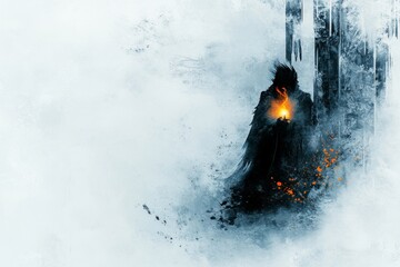 Poster - A flat 2D depiction of a dark, stormy night with a lone figure holding a flickering candle, their silhouette trembling slightly, set on a white canvas