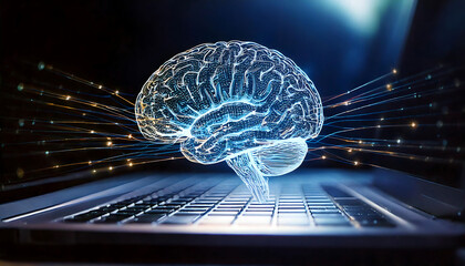 Poster - Stunning visual of a digital brain hovering above a laptop keyboard, connected by glowing lines.  Ideal for AI, technology, neuroscience, and data concepts.