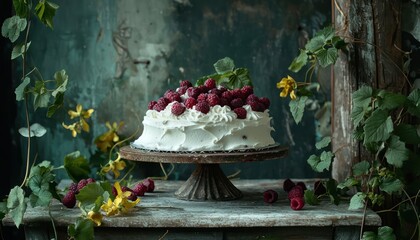 Wall Mural - Whipped cream and berry cake on a rustic table with ivy and yellow flowers