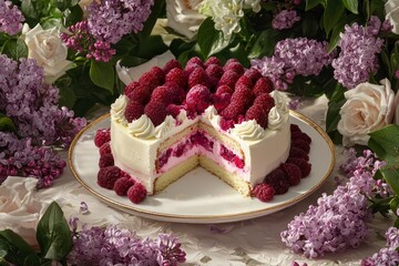 Canvas Print - White chocolate cake with raspberry topping on a round table adorned with lilacs and roses