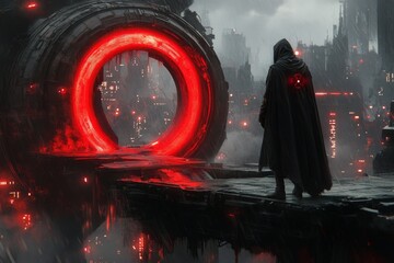 Poster - A futuristic depiction of a lonely figure standing on a glowing, holographic bridge in a sprawling neon-lit city, surrounded by rain and digital reflections