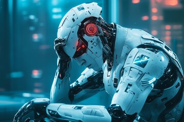 Poster - A futuristic scene of a robot sitting alone in a dimly lit lab, holding a broken piece of technology, its glowing eyes dimmed in disappointment
