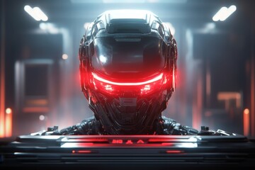 Poster - A futuristic scene of a person hiding behind a high-tech console in a darkened room, as glowing red robotic eyes scan the area ominously