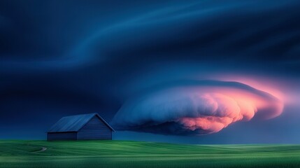 Wall Mural - a field surrounds a house with a cloud overhead the house in the foreground stands out against the b