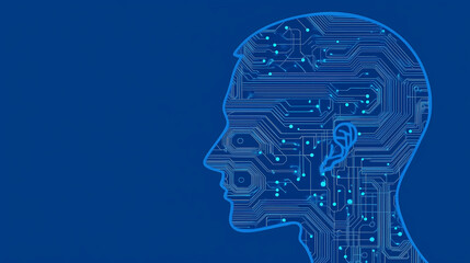 Leinwandbilder - Background with silhouette of human head with digital schematic on blue background