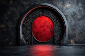 Poster - A gothic-style vault door glowing with a sinister red light and surrounded by ornate black metal designs