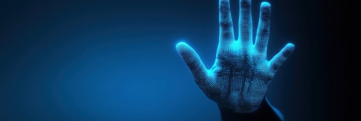 Poster - Silhouette of a hand with biometric scanning patterns against a blue background