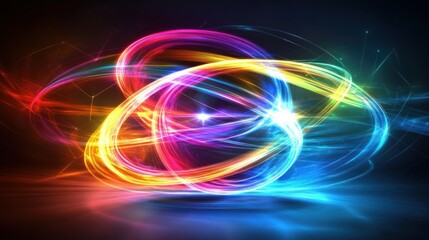 Poster - Abstract image of luminous colorful light trails forming circles and lines on black