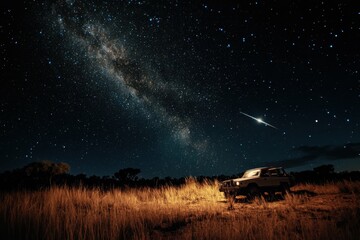 a dramatic image of a meteor streaking across the night sky, captured by a hunter during a field exp