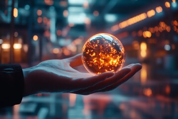 Poster - A hyper-realistic close-up of a glowing bitcoin in a person hand, with the background showing a blurred financial trading floor
