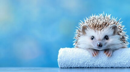 Wall Mural -   Hedgehog on Towel against Blue Background