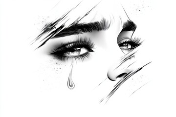 Aufkleber - A minimalist illustration of a face with furrowed brows and a single tear, drawn in bold, simple lines to convey worry and emotion