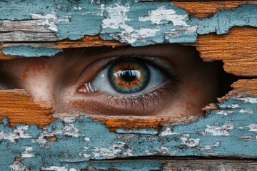 Poster - A pair of scared eyes peering through a small hole in a wooden wall, with faint light outlining their face