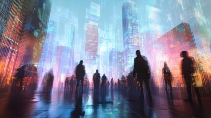 Poster - Business people are standing in a futuristic city with glowing skyscrapers and digital rain effect, creating a mesmerizing blend of technology and urban life