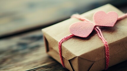 Wall Mural -   A gift wrapped in brown paper topped with a pink heart and twine tied neatly